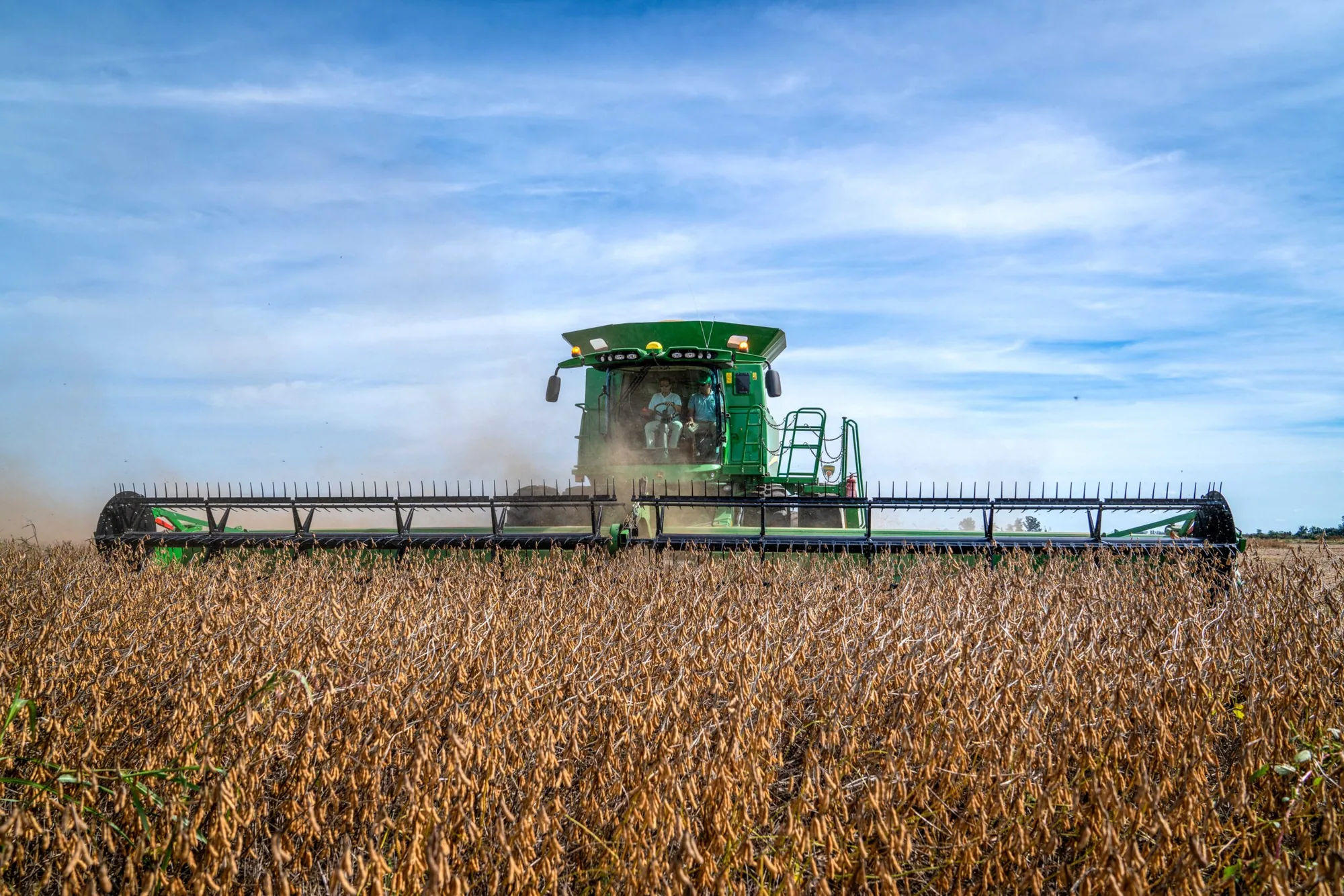 Cosechadora verde recolectando soja bajo cielo azul en la pampa argentina